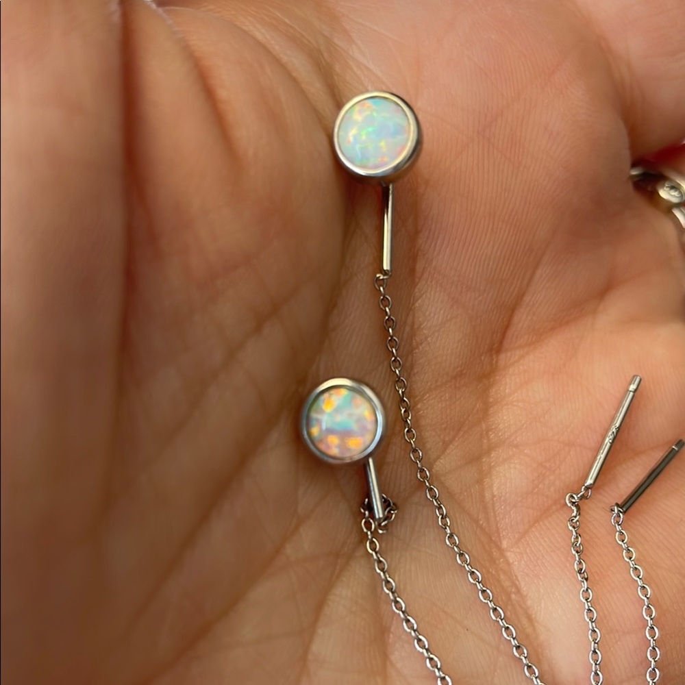Threader Sterling Silver Created Opal Circle Long… - image 4